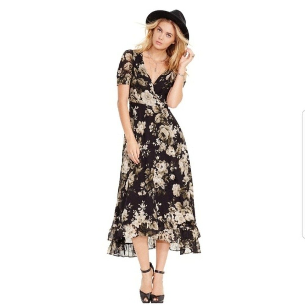 Denim & Supply Ralph Lauren Size XS Dark Floral Puff Sleeve Wrap Cotton Dress